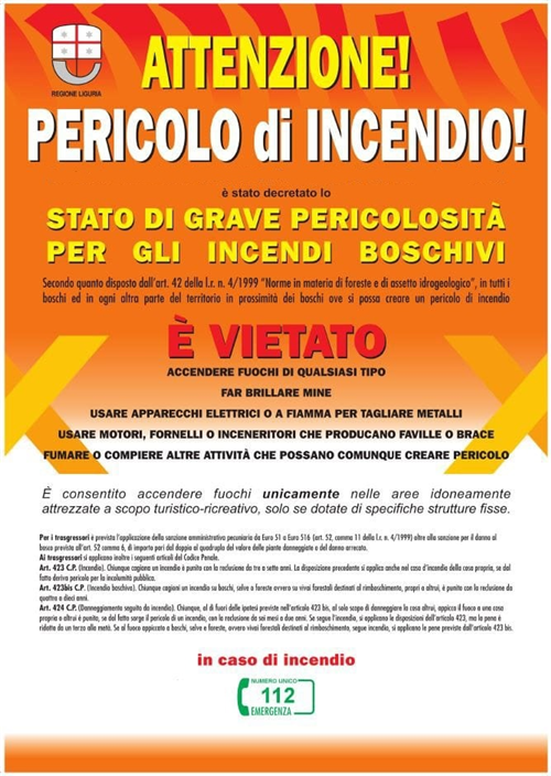 Pericolo di Incendio - Divieto di fuochi